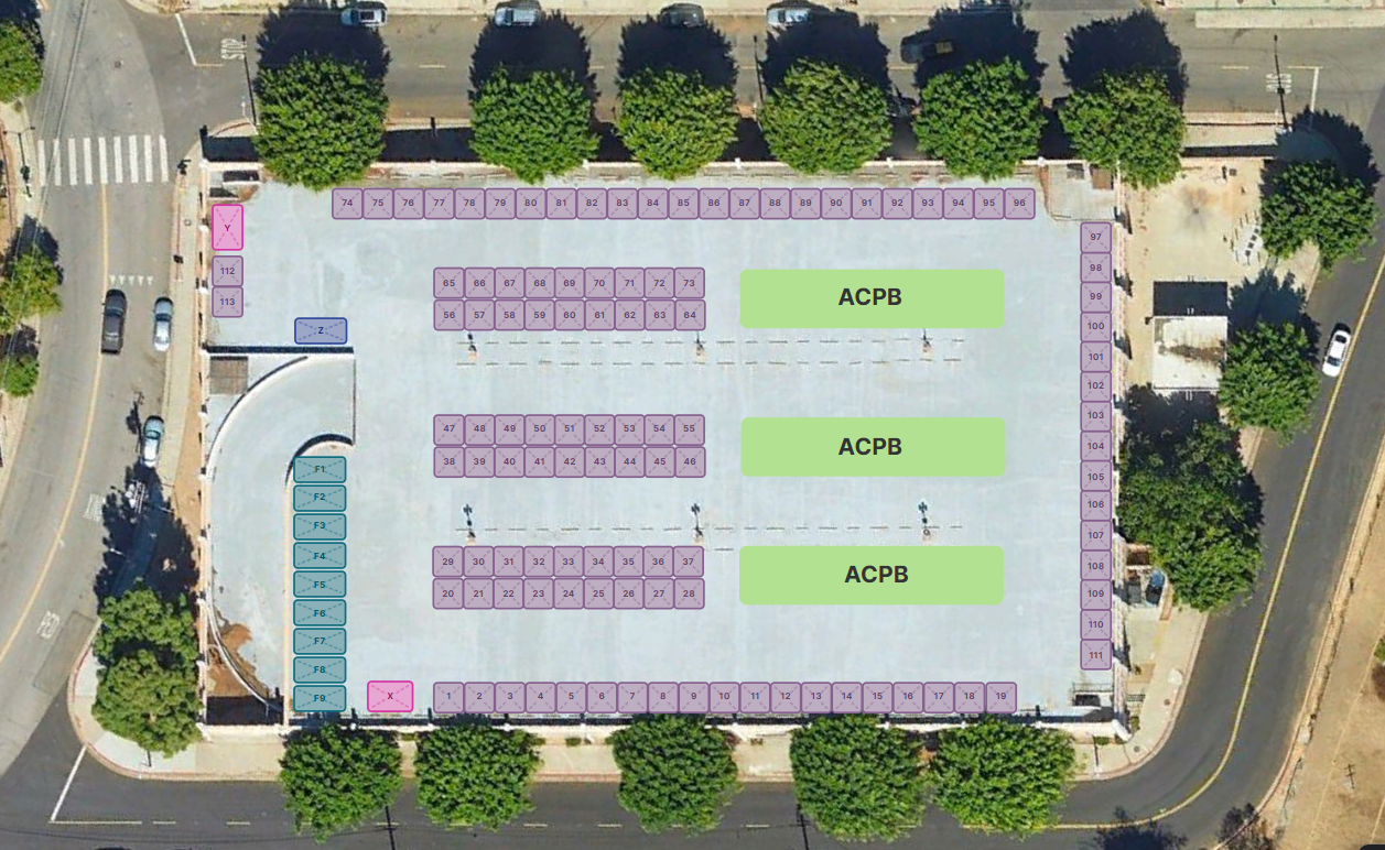 Aerial map of Los Feliz Flea rooftop with numbered booth spaces
