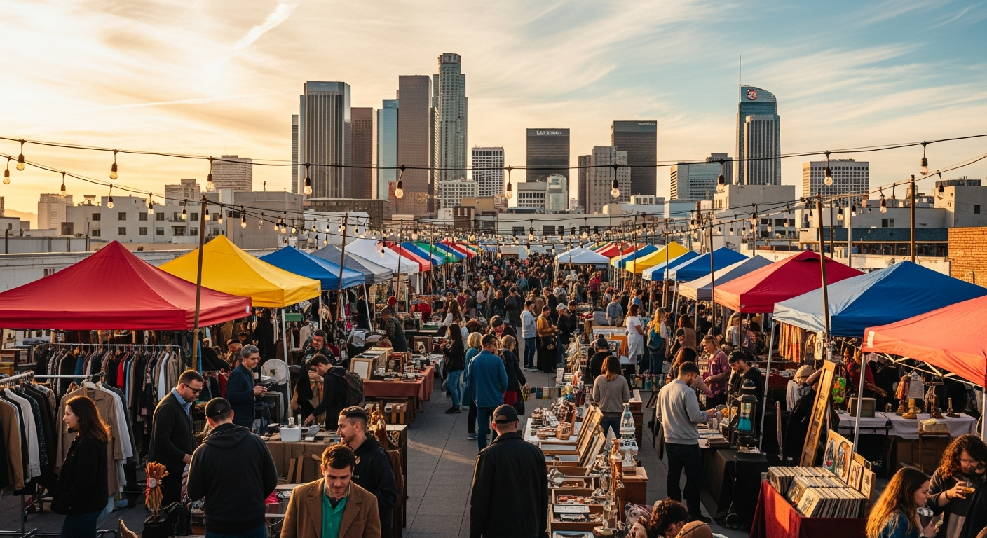 AI rendering of rooftop flea market at golden hour with downtown LA skyline