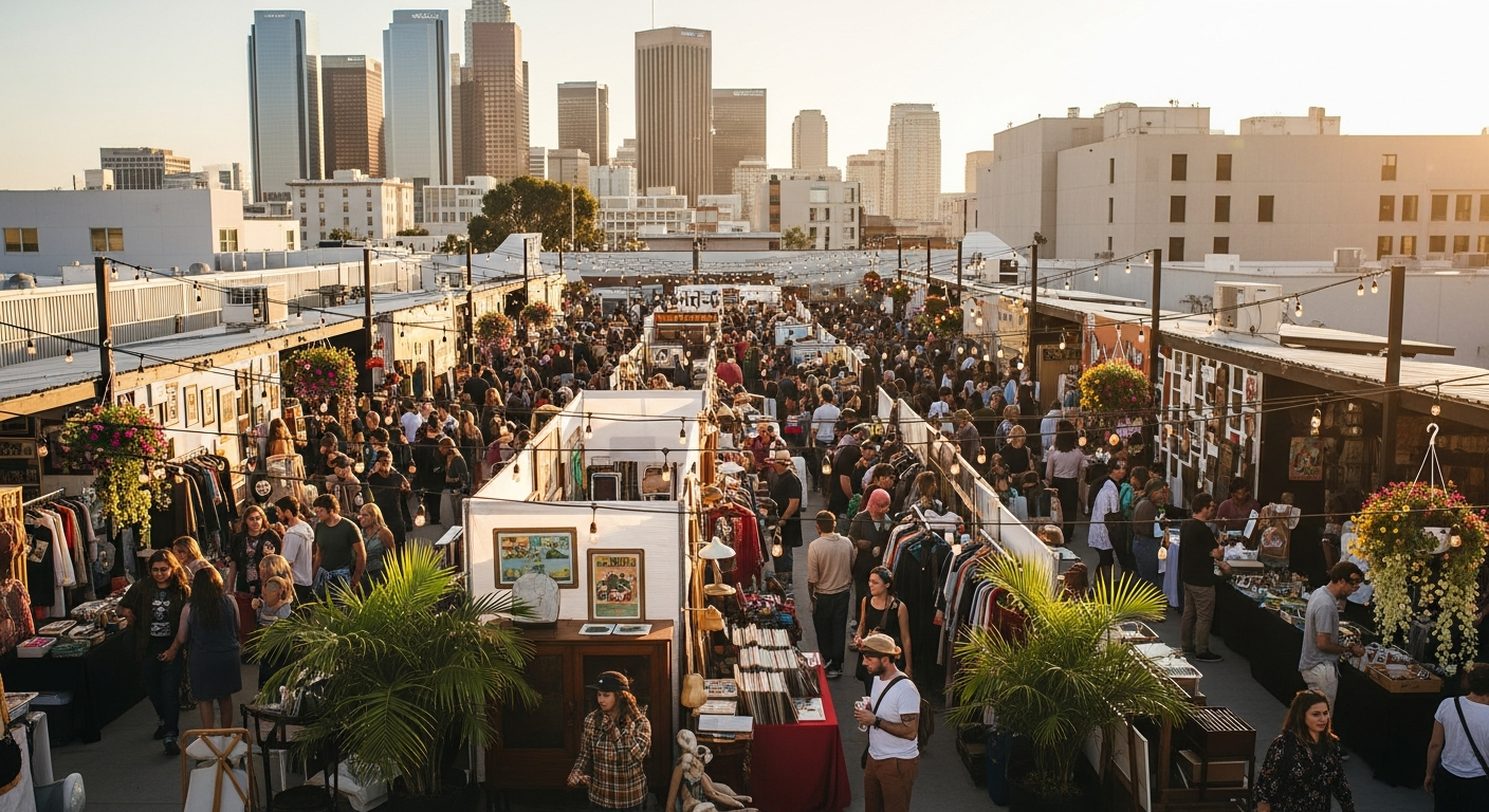 AI rendering of rooftop outdoor market with string lights and city views