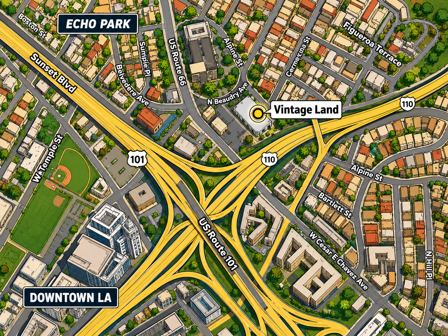 Map showing Vintage Land at the 101/110 interchange — between Echo Park and Downtown LA